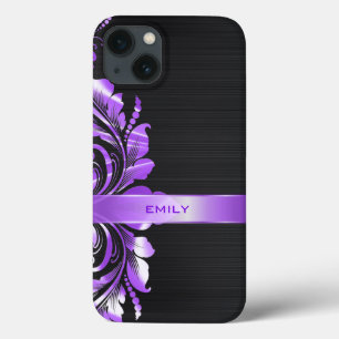 Metallic Paarse Floral Swirl Black Achtergrond iPhone 13 Hoesje