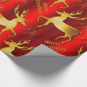 Metallic Red en Golden Reindeer Kerstmis Cadeaupapier