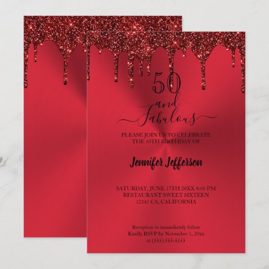 Metallic red glitter Birthday Invitation Kaart (Voorkant / Achterkant)