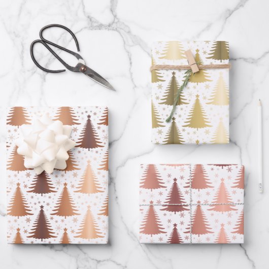 Metallic Roos geel gouden kerstboompatroon Inpakpapier Vel (Voorkant)