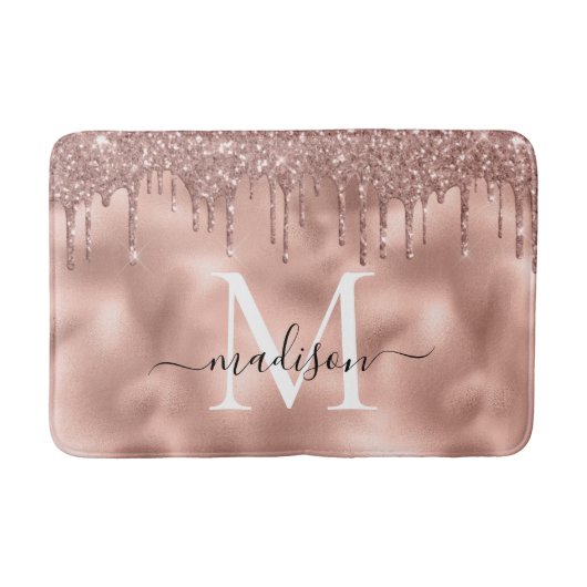 Metallic Roos Gold Monogram Roze Glitter Druppels Badmat (Voorkant)