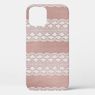 Metallic roos gouden, gebroken witte kanttextuur. iPhone 12 hoesje