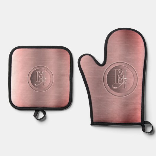 Metallic roze staal gegraveerd monogram ovenwant & pannenlap set (Voorkant)