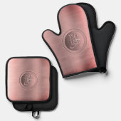 Metallic roze staal gegraveerd monogram ovenwant & pannenlap set (Voorkant / Achterkant)