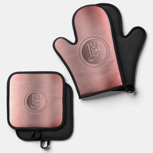 Metallic roze staal gegraveerd monogram ovenwant & pannenlap set (Voorkant / Achterkant)