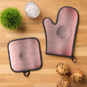 Metallic roze staal gegraveerd monogram ovenwant & pannenlap set (Top down)