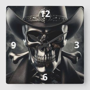 Metallic schedel cowboy wandklok vierkante klok