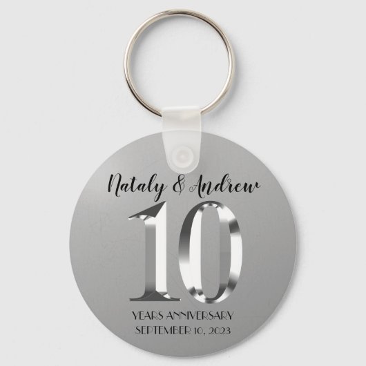 Metallic Silver 10th Wedding Jubileum Sleutelhanger (Voorkant)