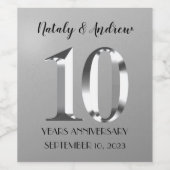 Metallic Silver 10th Wedding Jubileum Wijn Etiket (Enkel label)