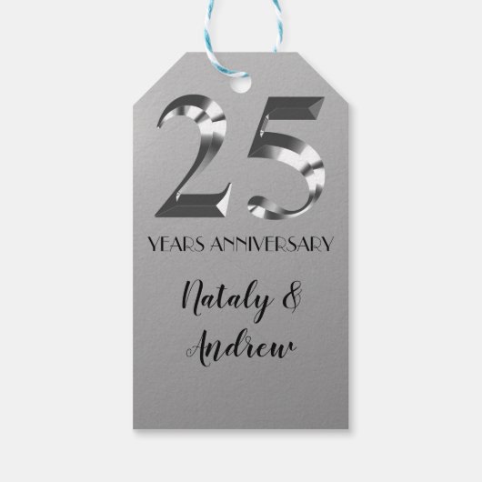 Metallic Silver 25th Wedding Jubileum Cadeaulabel (Achterkant)