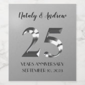 Metallic Silver 25th Wedding Jubileum Wijn Etiket (Enkel label)