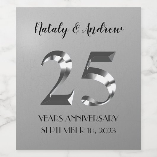 Metallic Silver 25th Wedding Jubileum Wijn Etiket (Enkel label)