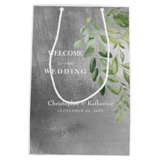 Metallic Silver Afbeelding Custom Wedding Welcome Medium Cadeauzakje (Achterkant)