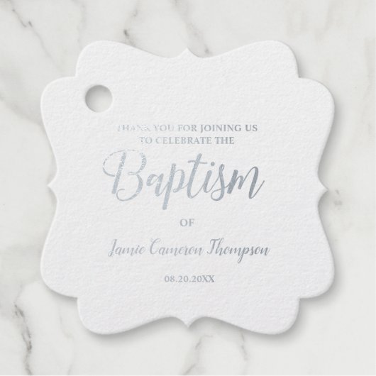 Metallic Silver Baptism Baby Bedankt cadeau Bedankjes Labels (Voorkant)