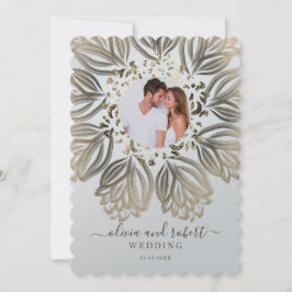 Metallic Silver en Gold Floral Photo Wedding Kaart