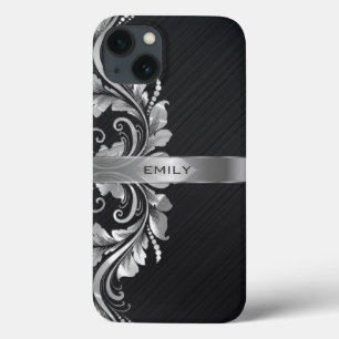 Metallic Silver Floral Swirl Black Achtergrond iPhone 13 Hoesje
