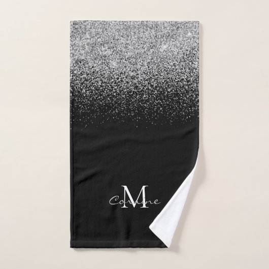 Metallic Silver Glitter Ombre op zwarte monogramme Bad Handdoek (Handdoek)