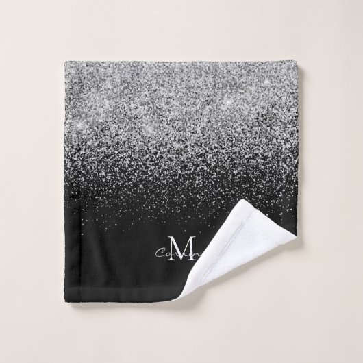 Metallic Silver Glitter Ombre op zwarte monogramme Bad Handdoek (Wasdoekje)
