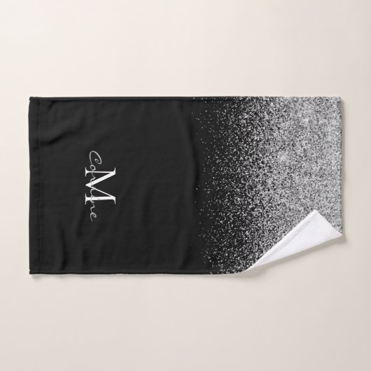 Metallic Silver Glitter Ombre op zwarte monogramme Bad Handdoek (Handdoek)