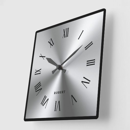Metallic Silver Gray Black Border Roman Numerals Vierkante Klok (Hoek)