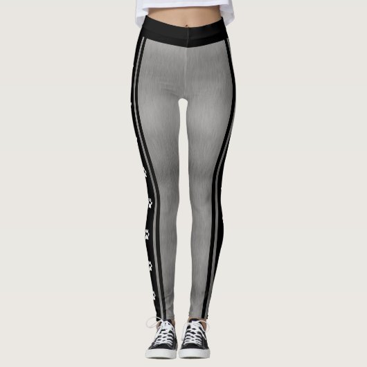 Metallic Silver Grey Black en White Paw Print Leggings (Voorkant)