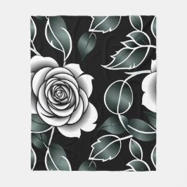 Metallic Silver Roses With Dark Green Leaves Fleece Deken