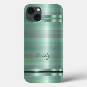 Metallic Soft Green Stripes Patroonmonogram iPhone 13 Hoesje