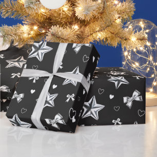 Metallic Sterrenlint Hart Zwart Y2K Patroon Cadeaupapier