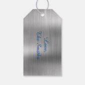 Metallic zilver en blauw Vrolijk kerstfeest Cadeaulabel (Achterkant)