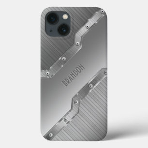 Metallic zilver grijs geborsteld metaal 2 monogram iPhone 13 hoesje