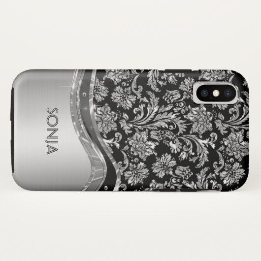 Metallic zilvergrijs bloemdamast Case-Mate iPhone case (Achterkant (horizontaal))