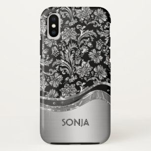 Metallic zilvergrijs bloemdamast iPhone x hoesje