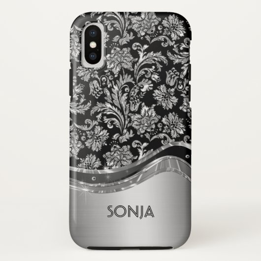Metallic zilvergrijs bloemdamast Case-Mate iPhone case (Achterkant)