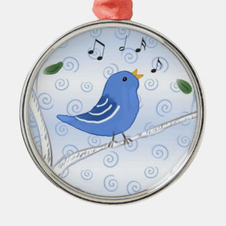 Métallique Oiseau bleu mignon de chant sur un ornement de