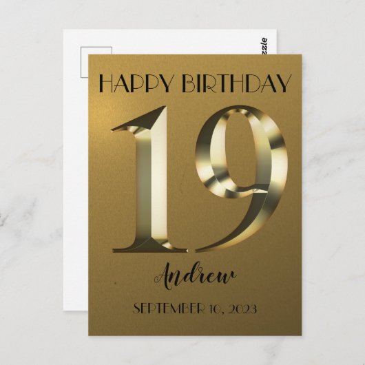 Metallisch gouden 19e verjaardag briefkaart (Voorkant / Achterkant)