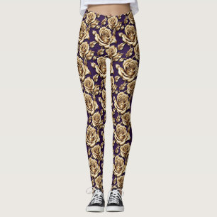 Metallische gouden rozen op een matte diep paarse  leggings
