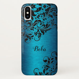 metallische turquoise met zwart Floral monogram iPhone X Hoesje