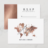 Métallo rose or monde carte mariage R.S.V.P (Devant / Derrière)