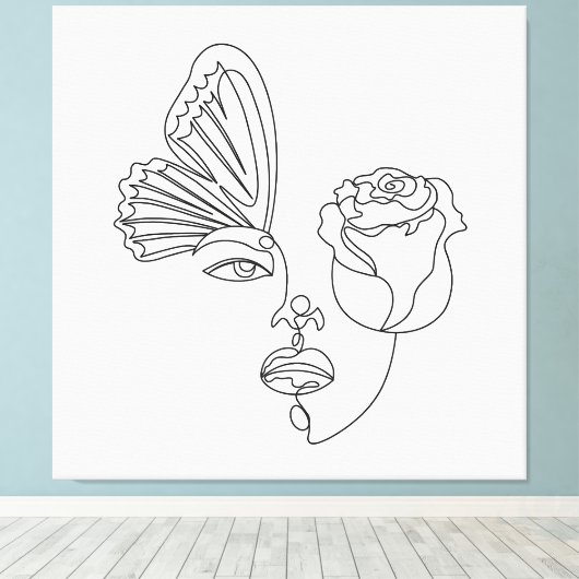 Metamorfose – Abstracte vlinder & Roos Line Art Canvas Afdruk (Insitu (Houten vloer))