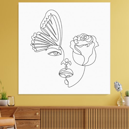Metamorfose – Abstracte vlinder & Roos Line Art Canvas Afdruk (Insitu (Woonkamer))