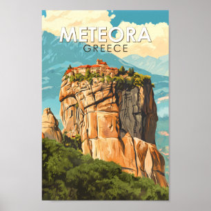 Meteora Griekenland Illustratie Reis Kunst Vintage Poster