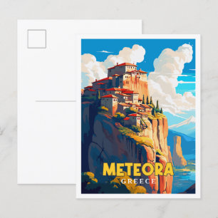 Meteora Griekenland vintage reisillustratie Briefkaart