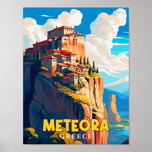 Meteora Griekenland vintage reisillustratie Poster (Voorkant)