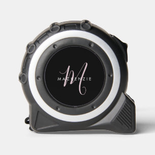 Mètre Ruban Élégant Noir Noir Blush Pink Script Monogramme