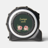 Mètre Ruban Fleur rose et feuilles sur vert foncé (Recto)