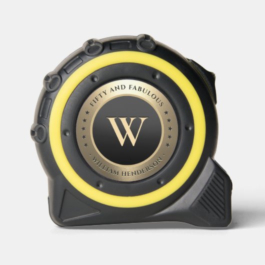 Mètre Ruban Moderne 50 Anniversaire Monogramme Élégant Or Noir (Recto)