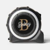 Mètre Ruban Monogramme moderne élégant Nom Black Gold Script (Recto)