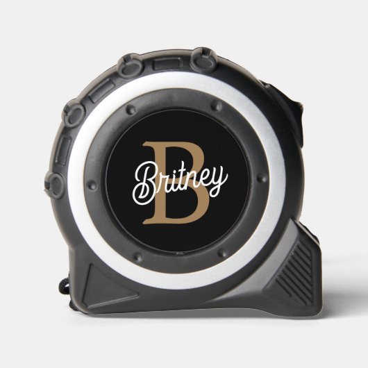 Mètre Ruban Monogramme moderne élégant Nom Black Gold Script (Recto)