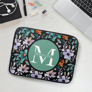 Meun Meisje Floral Monogram Naam Modern Laptop Sleeve