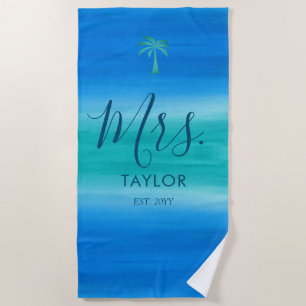 Mevr. Beach Ombre Ocean Blauw Groen Trouwcadeau Strandlaken
